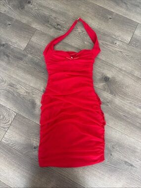 Oh Polly Red Halter Ruched Mini Dress